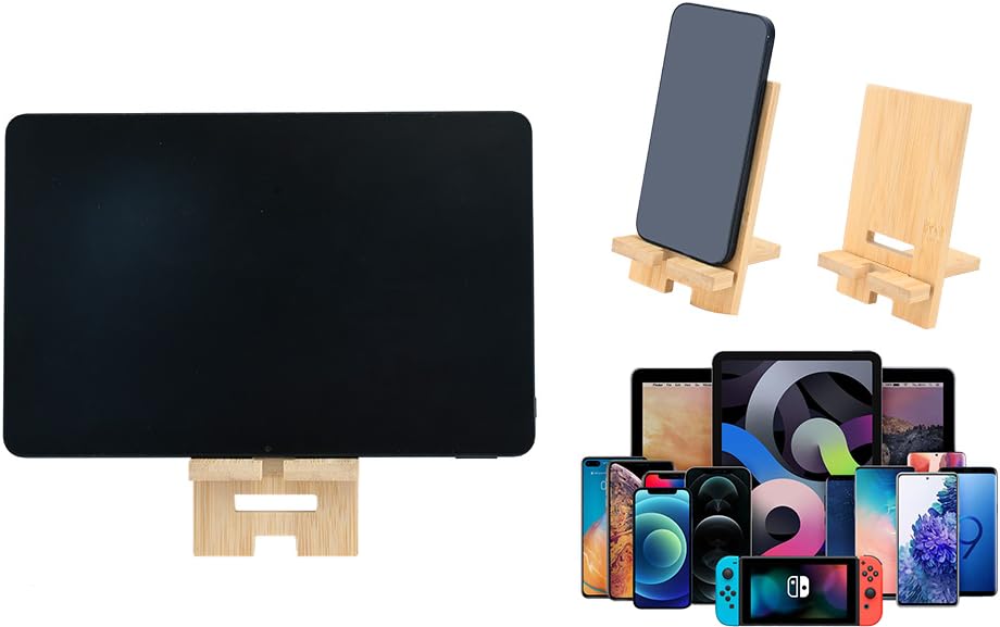 Wooden phone stands displayed with tablet holder, showing multiple devices in stands and sample screen displays of various smartphones.