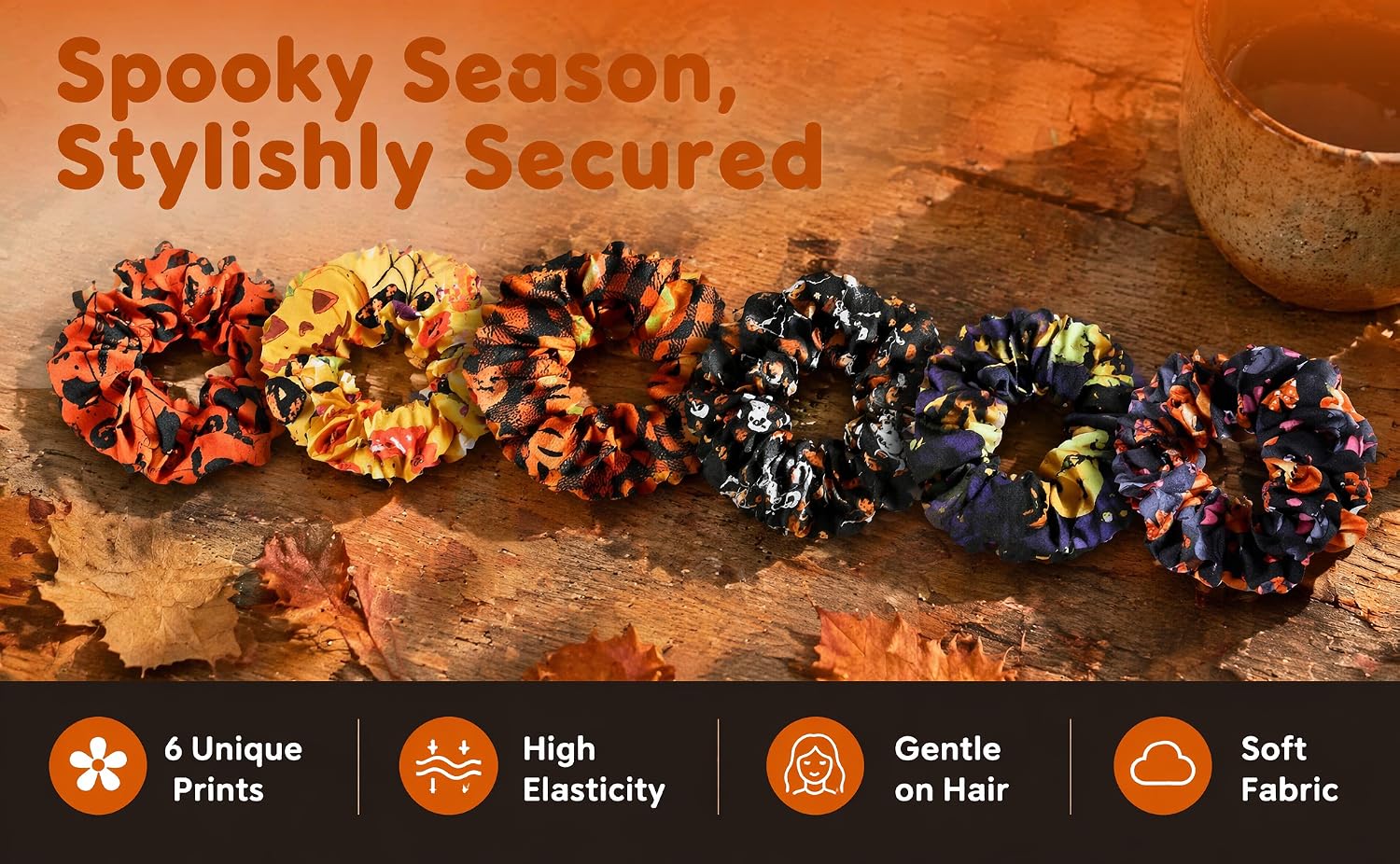 Text reads "Spooky Season, Stylishly Secured" with feature icons: "Unique Prints, High Elasticity, Gentle on Hair, Soft Fabric." Six colorful hair scrunchies with pom-pom designs in Halloween-themed colors displayed on textured orange background.