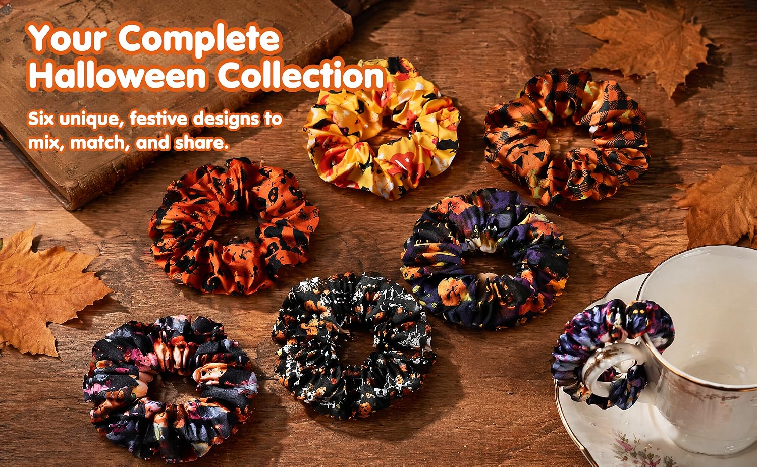 Text reads 'Your Complete Halloween Collection' and 'mix, match, and share'. Assorted colorful sequined fabric scrunchies and hair accessories in festive patterns displayed.