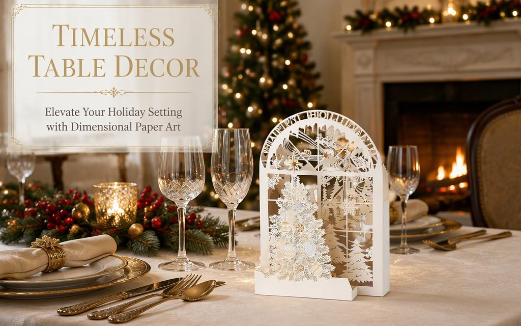 Text reads 'TIMELESS TABLE DECOR', 'Create warm holiday magic with Dimensional Paper Art'. White dimensional paper holiday centerpiece on festive table with warm lighting and decorations.