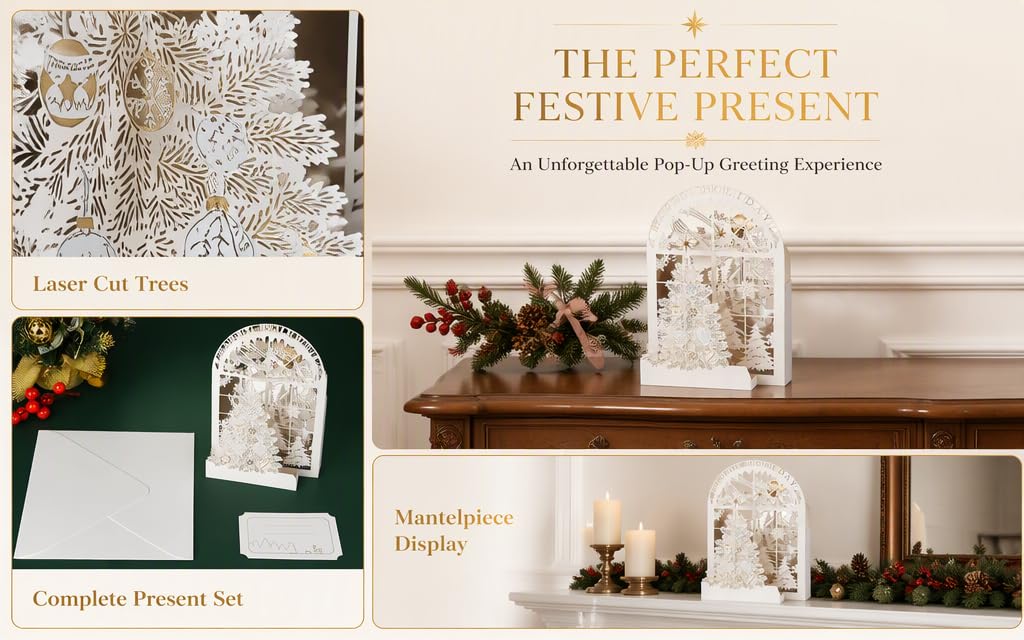 Text reads 'THE PERFECT FESTIVE PRESENT', 'Set Unforgettable Pop-Up Greeting Experiences', 'Complete Presnet Set', 'Laser Cut Decor', 'Matchstick Display'. Festive pop-up greeting card display set with white laser-cut decorations, green velvet box, and brown wooden mantelpiece display.