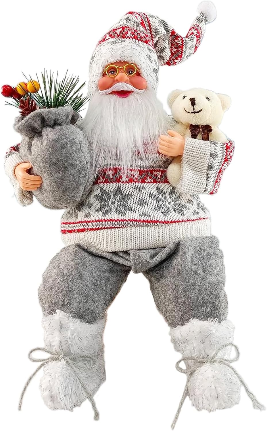 35CM Christmas Grey Plaid Father Christmas Sitting Ornament,Traditional Christmas Decorati…