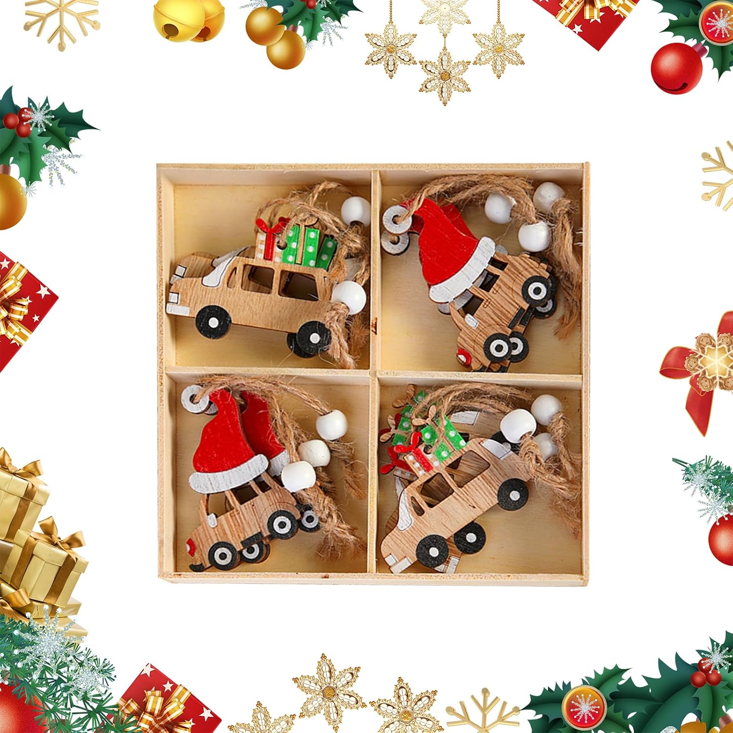 12 PCS Christmas Wooden Pendant,Car/Elderly Snowman/Gnome Old Man,Christmas Tree Decoratio…