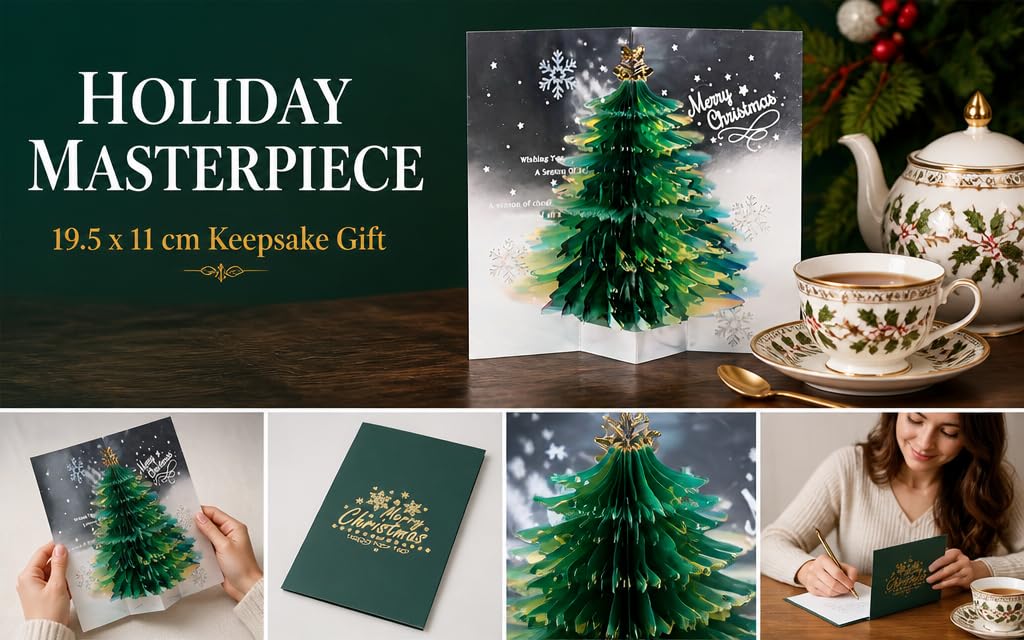 Text reads 'HOLIDAY MASTERPIECE' and '19.5 x 11 cm Keepsake Gift.' Composite showing decorative green miniature Christmas trees, holiday card designs, and festive tableware products in neutral and green color palette.