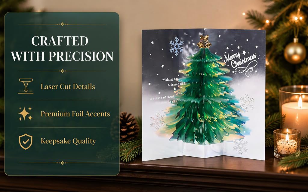Text reads 'CRAFTED WITH PRECISION', 'Laser Cut Details', 'Premium Foil Accents', 'Keepsake Quality'. Holiday greeting card featuring green Christmas tree with snowflakes and snow, surrounded by festive candles and pine cones.