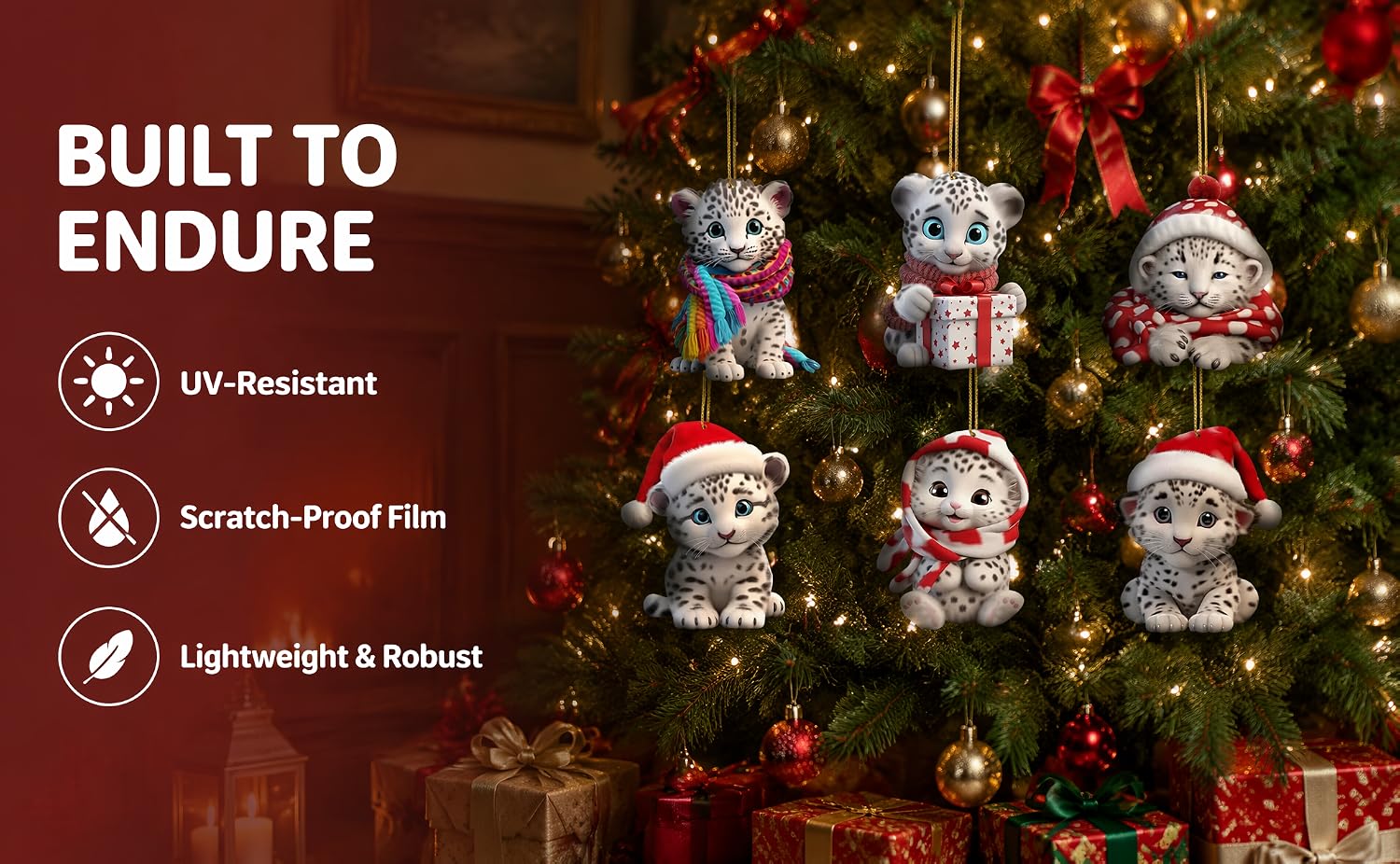 Text reads 'BUILT TO ENDURE' with icons showing 'UV-Resistant', 'Scratch-Proof Film', 'Lightweight &amp; Robust'. Ornamental ball Christmas ornaments hanging on decorated tree branches.