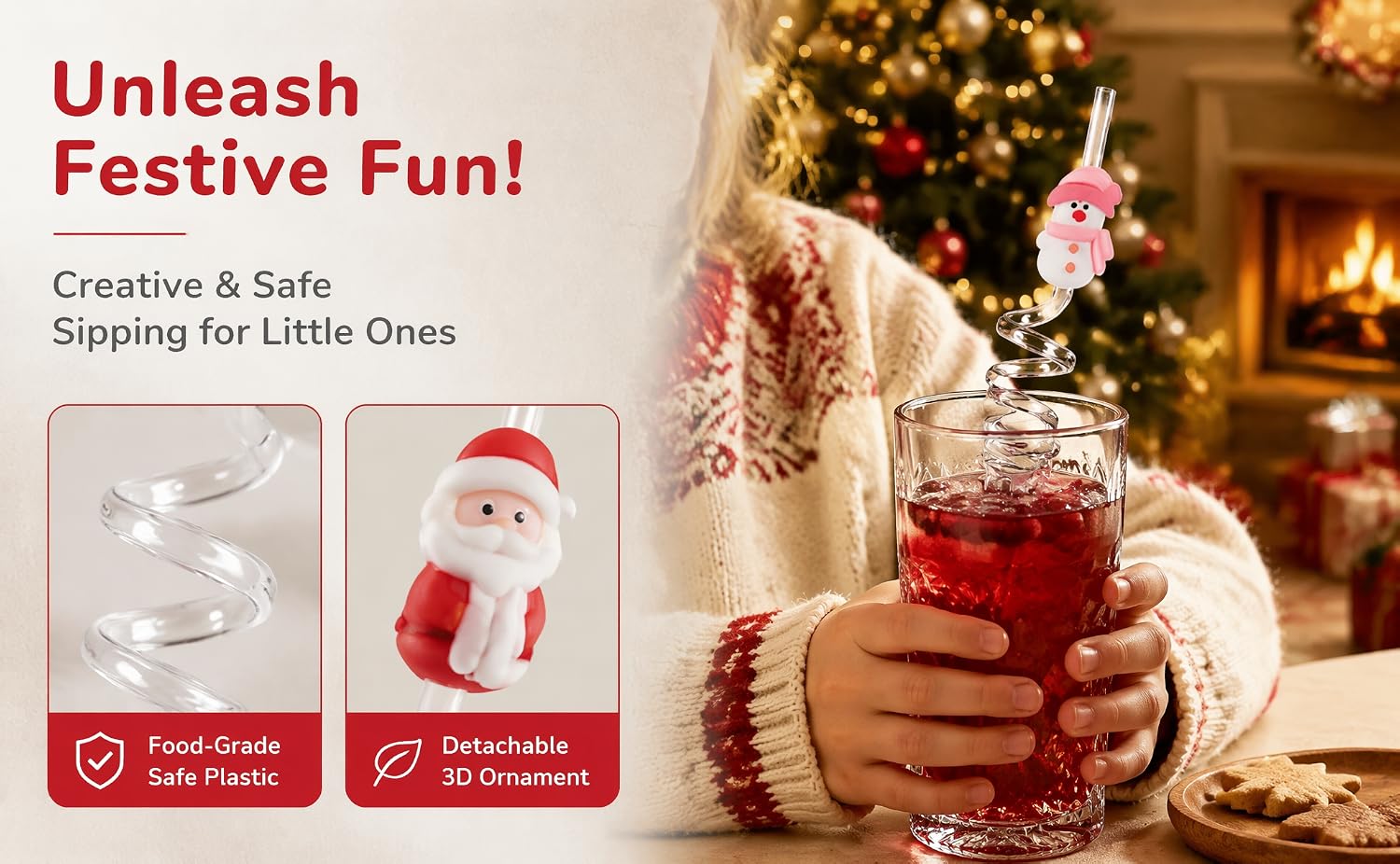 Text reads 'Unleash Festive Fun!', 'Creative &amp; Safe', 'Stepping for Little Ones'. Woman holding red festive drink with holiday decorations; two product icons with checkmarks below.