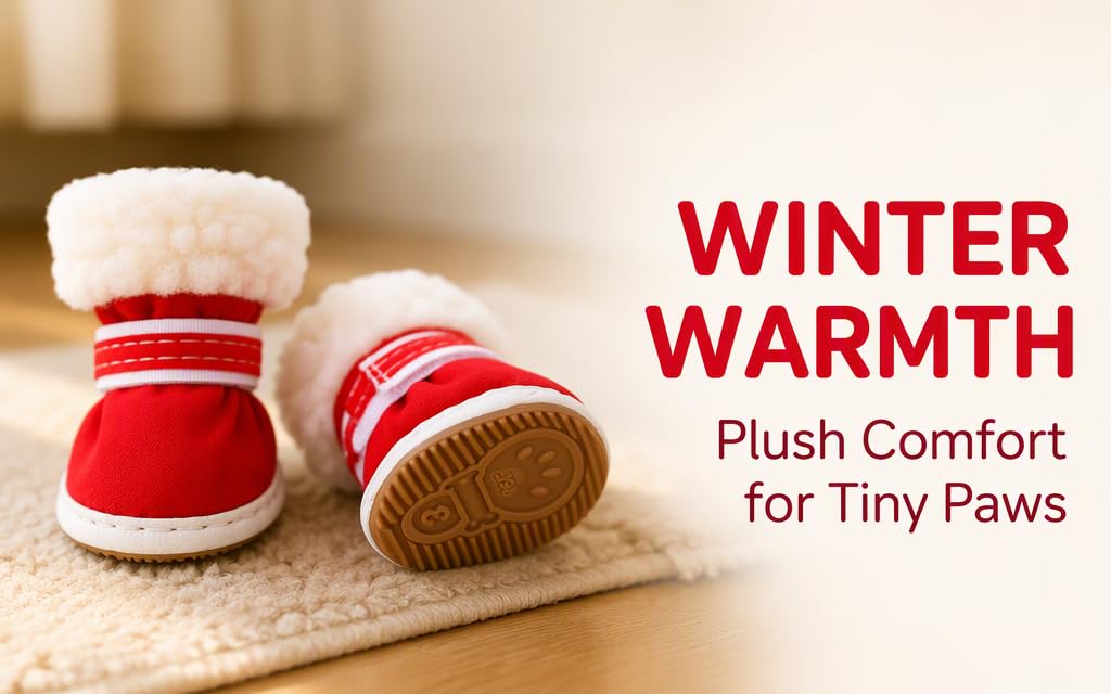 Text reads 'WINTER WARMTH' and 'Plush Comfort for Tiny Paws'. Red and white plush pet boots with warm fuzzy lining displayed on neutral background.