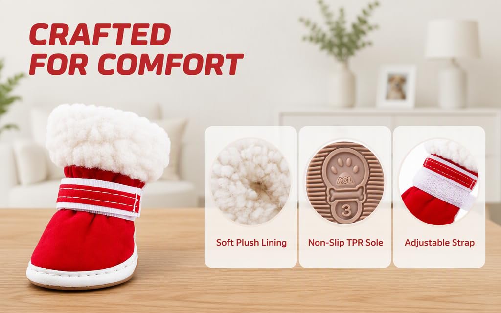 Text reads 'CRAFTED FOR COMFORT'. Red and white soft plush slipper boot with features labeled: 'Soft Plush Lining', 'Non-Slip TPR Sole', 'Adjustable Strap' displayed on wood surface.