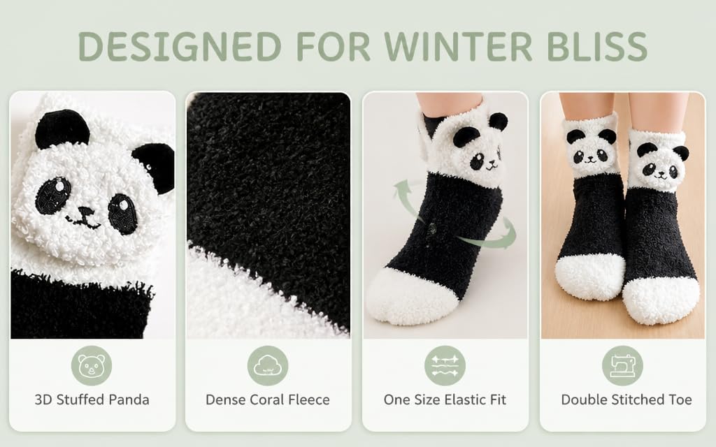 Text reads 'DESIGNED FOR WINTER BLISS', '3D Puffed Panda', 'Dense Coral Fleece', 'One Size Elastic Fit', 'Double Stitched Toe'. Four panda-themed winter accessories shown: mittens, beanie, socks, and booties in black and white.