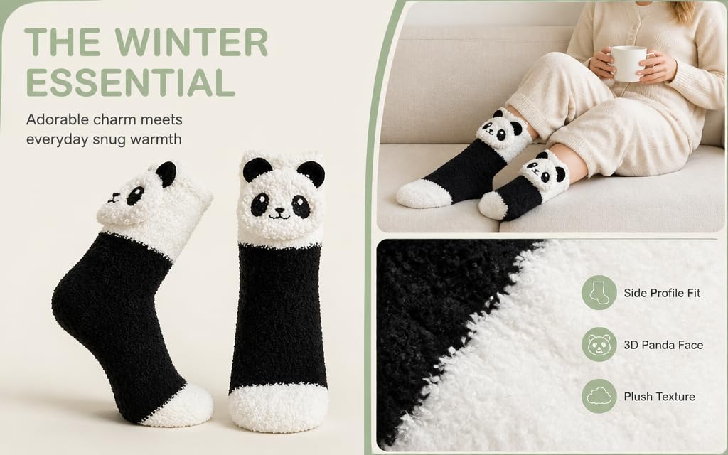 Text reads 'THE WINTER ESSENTIAL' and feature icons for 'Cozy Fortnite', 'All-Plush Pair', 'Plush Texture'. Black and white panda-patterned socks displayed with cozy styling lifestyle imagery.