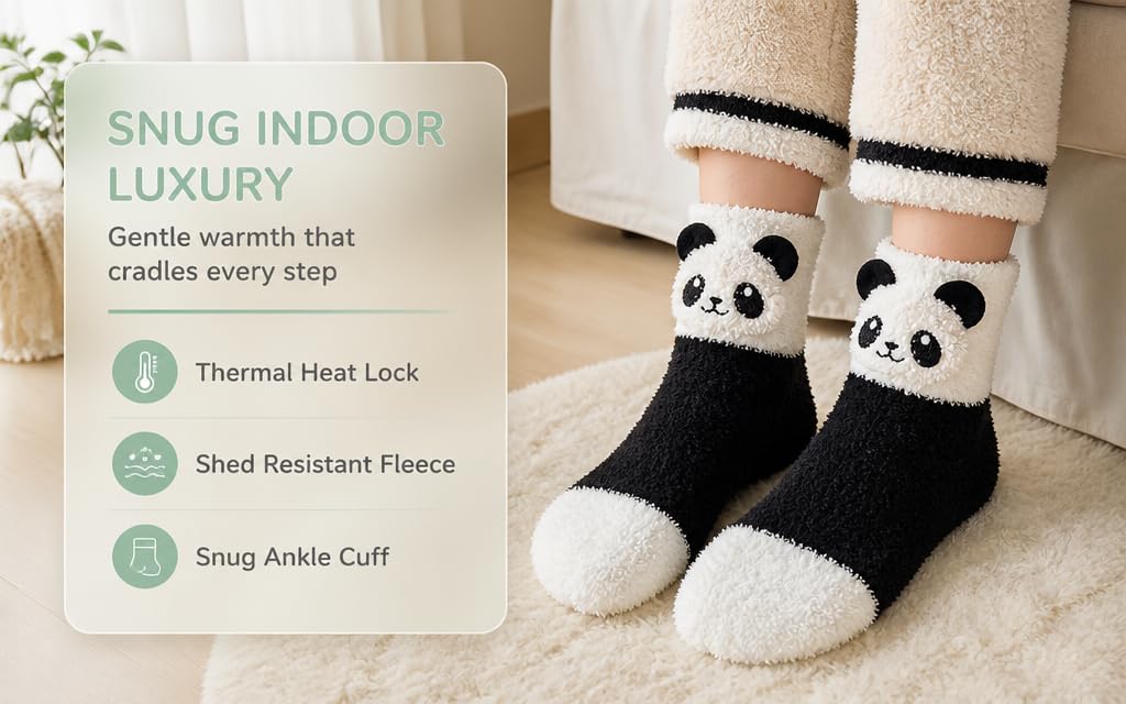 Text reads "SNUG INDOOR LUXURY - Smile warmth into cuddles every step" with icons for thermal heat lock and heel resistant feature. Image shows cozy white and black panda-face socks worn on feet.