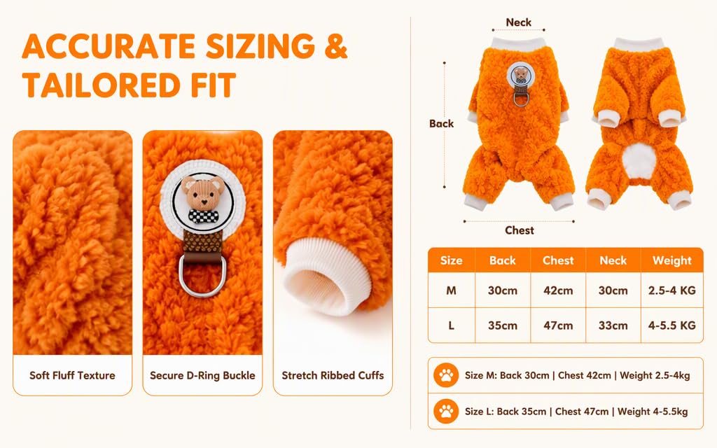 Text reads 'ACCURATE SIZING &amp; TAILORED FIT'. Orange pet garment shown front/back with size measurements chart. Features include 'Soft Knit Texture', 'Secure D-Ring Buckles', 'Stretch Ribbed Cuffs'. Size options: 30cm, 40cm, 50cm, 60cm with corresponding weights listed.