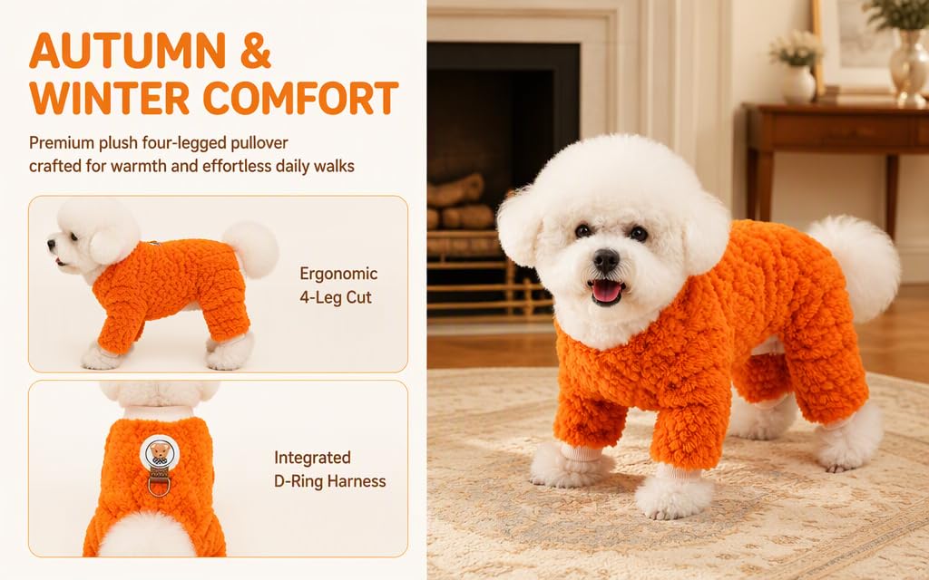 Text reads "AUTUMN &amp; WINTER COMFORT", "Premium plush for longest pollen coat for warm and effortless daily walks", "Ergonomic 4-Leg Cut", and "Integrated 4-Leg Harness". White dog wearing orange fleece coat with ergonomic design.