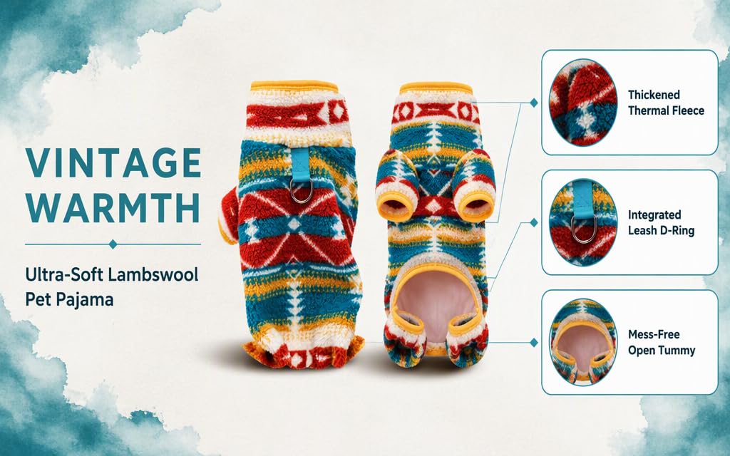Text reads 'VINTAGE WARMTH, Ultra-Soft Lambswool Pet Pajama'. Two colorful patterned pet pajamas displayed front and back views with geometric designs in red, yellow, and teal. Product features highlighted on right show material benefits and sizing options.