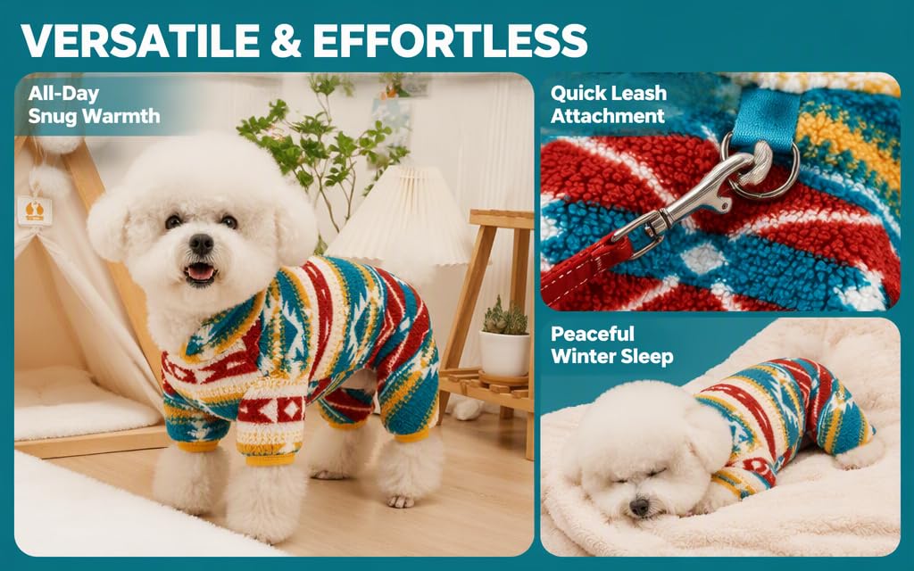 Text reads 'VERSATILE &amp; EFFORTLESS' with 'All-Day' and 'Hang Toughness' labels. White dog wearing colorful woven toy collar. Multiple product shots showing toy durability and interaction. 'Peaceful Playtime' labeled.