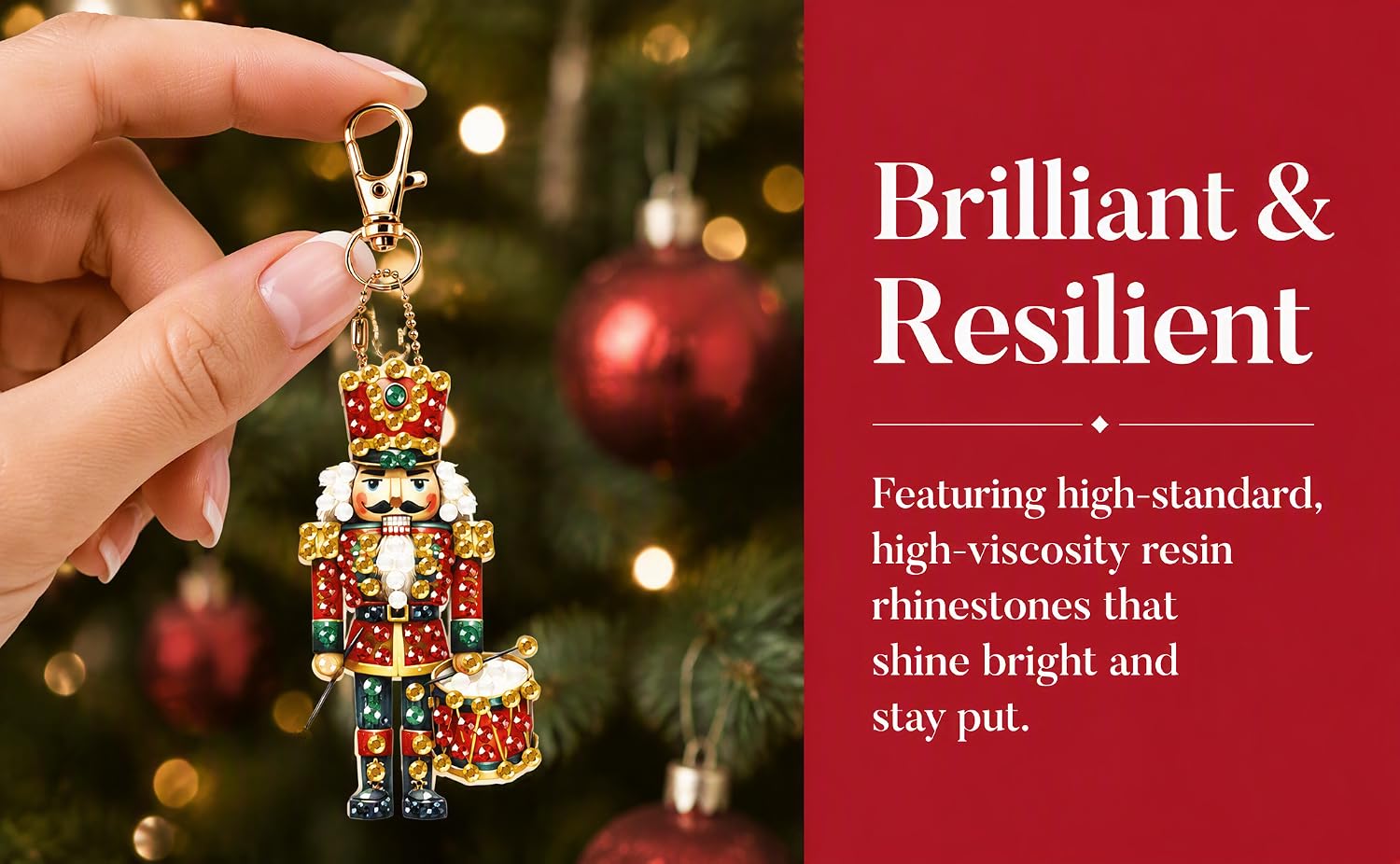 Text reads 'Brilliant &amp; Resilient. Featuring high standard, high viscosity resin rhinestones that shine bright and stay put.' Gold-toned ornamental pendant earring with red and amber rhinestones, held in hand against blurred holiday background.