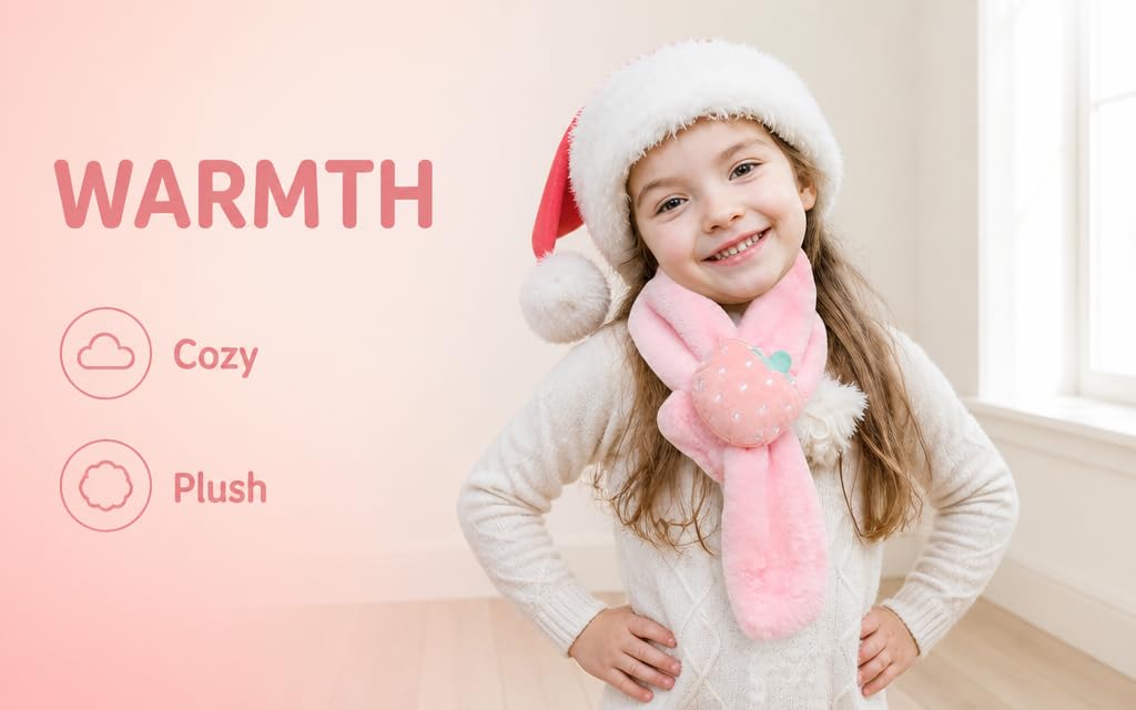 Text reads "WARMTH", "Cozy", "Plush". Young child wearing white winter hat and pink scarf against pink and white background, showcasing warm, soft winter accessories with feature callouts.