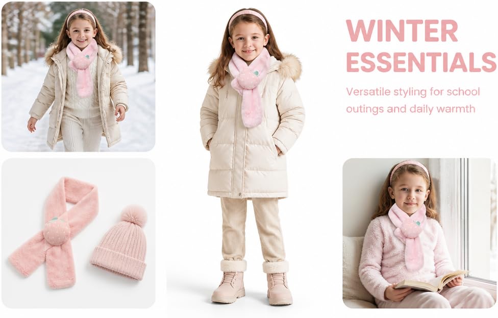 Text reads 'WINTER ESSENTIALS Versatile styling for school designs and cozy warmth'. Children wearing winter clothing including jackets, scarves, and accessories. Multiple product shots showing coordinated pink and beige winter wear collection.