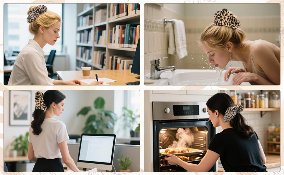Leopard print hair clip worn by women in various settings: studying in library, washing face at sink, working on laptop, and checking oven. Versatile accessory for different activities.