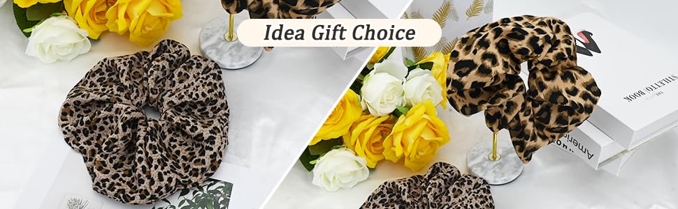 Two animal print hair scrunchies, one leopard and one snake pattern, displayed with yellow and white roses. Text reads 'Idea Gift Choice'.