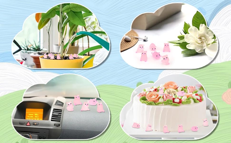 Collage of four images: potted plants, small pink decorative objects, car dashboard with pink objects, and a decorated white cake with pink accents.