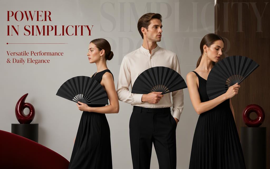 Text reads 'POWER AND SIMPLICITY' and 'Versatile Performance &amp; Style Elegance'. Three people holding black folding fans, wearing formal attire against burgundy background.
