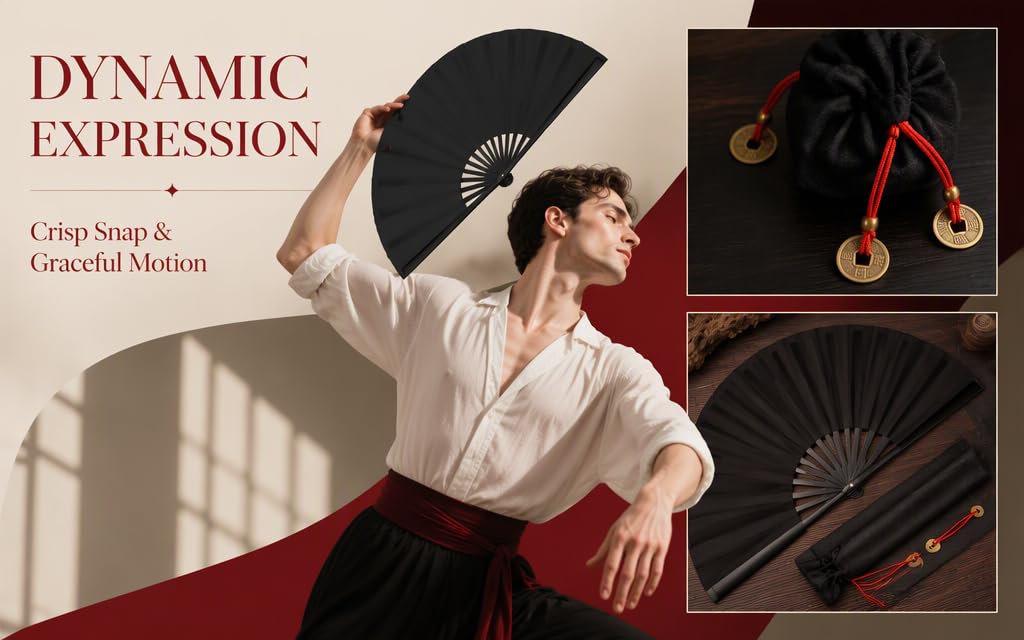 Text reads 'DYNAMIC EXPRESSION Crisp Snap &amp; Graceful Motion'. Woman in white shirt and red pants demonstrating black folding fans with dynamic pose and product detail shots.