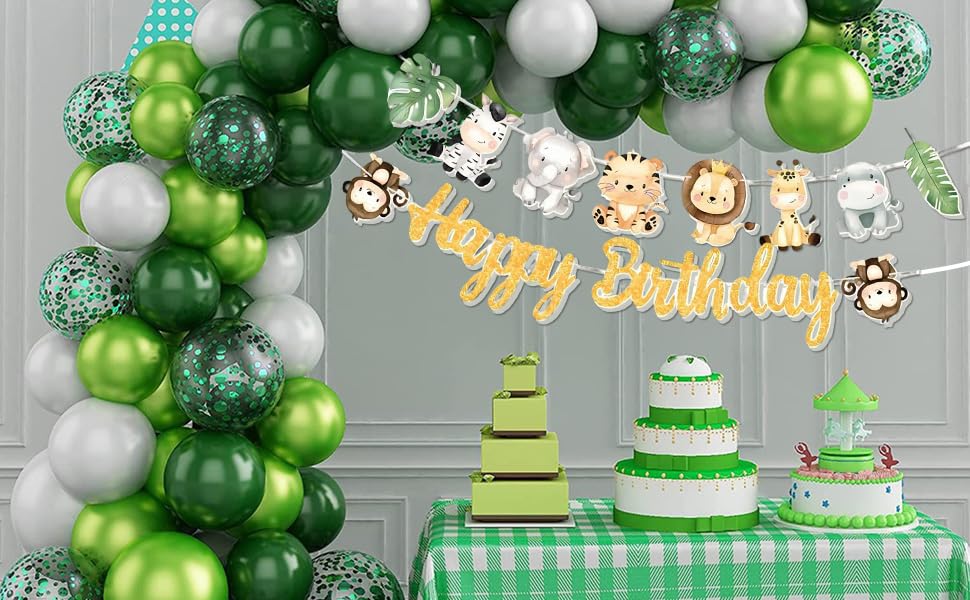 Party decoration setup with green and white balloons, featuring a gingham tablecloth and festive party decor elements