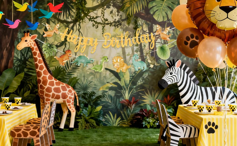 Cartoon-style wildlife scene with illustrated zebras, giraffes, and other safari animals in a vibrant jungle setting with warm lighting effects.