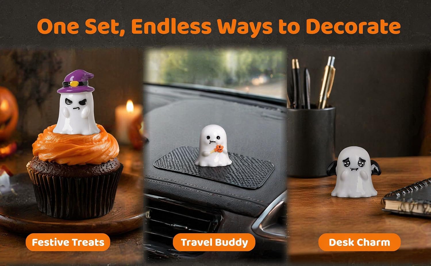 Text reads "One Set, Endless Ways to Decorate" with orange buttons labeled "Perfect Choice", "Great Value", and "Click Share". Three decorative ghost figurines displayed among cupcakes, notebooks, and office supplies.