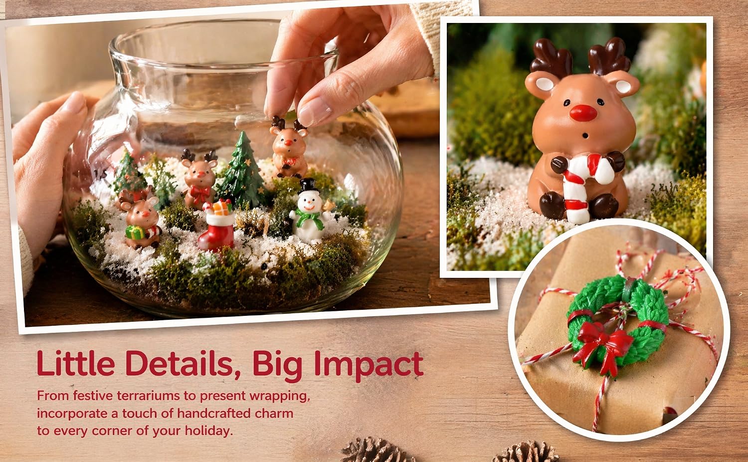 Text reads "Little Details, Big Impact" and "From festive terrariums to present wrapping, miniature plants bring a touch of controlled charm to every corner of your home." Composite showing decorative glass terrarium with live plants and miniature reindeer figurines for holiday display.
