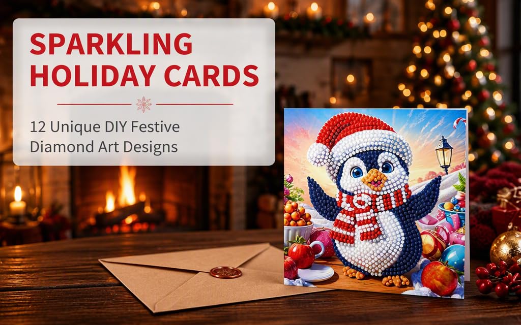 Text reads 'SPARKLING HOLIDAY CARDS' and '12 Unique DIY Festive Diamond Art Designs'. Product shows holiday card set with festive penguin diamond art design displayed next to envelope on warm-lit background.