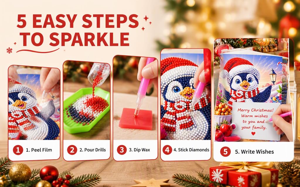 Text reads '5 EASY STEPS TO SPARKLE' with numbered steps: '1. Paint Base', '2. Paint Glitter', '3. Sparkles', '4. Add Rhinestones', '5. Write Wishes'. Composite showing craft tutorial steps featuring painted designs, glitter application, and decorated ornaments with festive holiday theme.