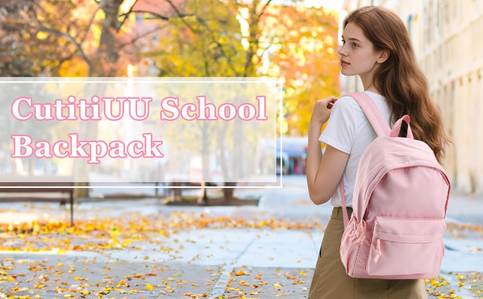 Text reads 'Cutie PU School Backpack'. Pink backpack shown in outdoor autumn setting with fallen leaves, multiple angles displaying its design and features.