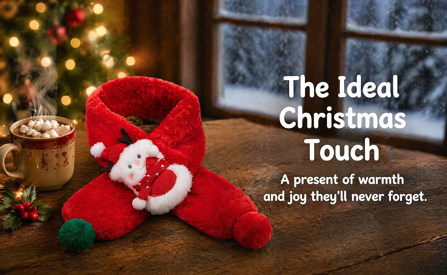 Text reads "The Ideal Christmas Touch" and "A present of warmth and joy they'll never forget." Red knitted Christmas stocking with white pom-pom decorations on cozy holiday mantelpiece.