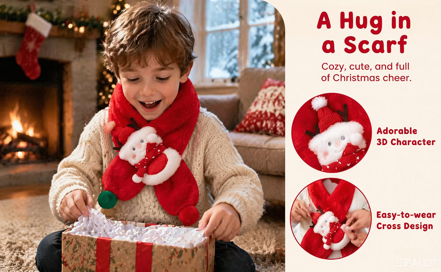 Text reads 'A Hug in a Scarf' with 'Cozy, cute, and full of personality,' 'Materials: 10 Character,' and 'Easy-to-wear Cross Design.' Child wearing red knit scarf with white pattern by fireplace.