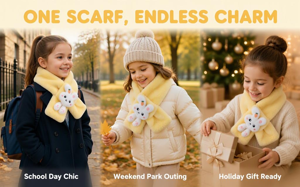 Text reads "ONE SCARF, ENDLESS CHARM" with three usage scenarios labeled "School Day Chic", "Weekend Park Outing", "Holiday Gift Ready". Three children wearing scarves in different colors and styles.