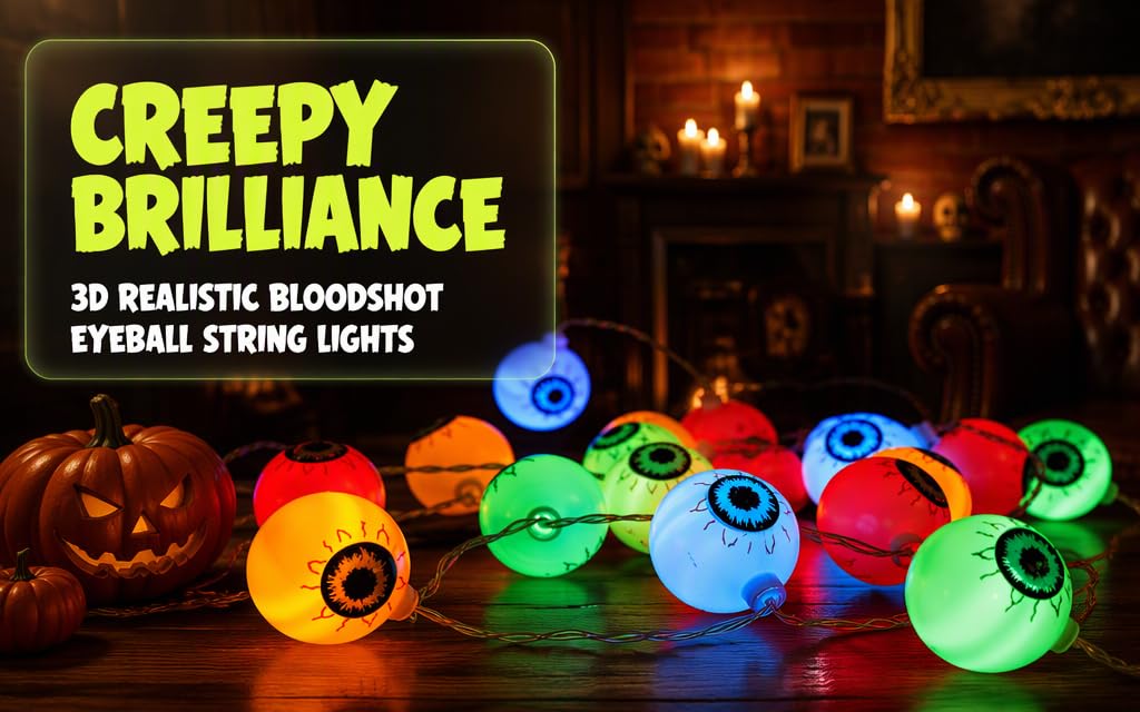 Text reads 'CREEPY BRILLIANCE' and '3D REALISTIC BLOODSHOT EYEBALL STRING LIGHTS'. Colorful glowing eyeball-shaped decorative lights in orange, green, blue, and red displayed in dark Halloween-themed setting.