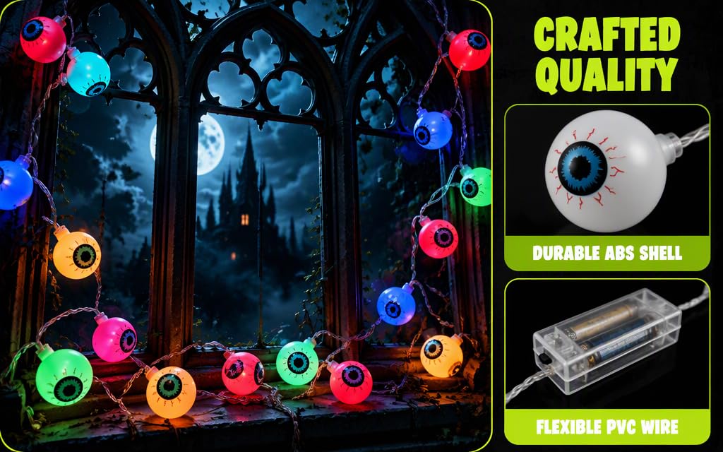 Text reads 'CRAFTED QUALITY', 'DURABLE AND LONG', 'LASTING FOR SURE'. Neon-colored glowing eyeball string lights displayed in dark scene with packaging box visible showing product details and specifications.