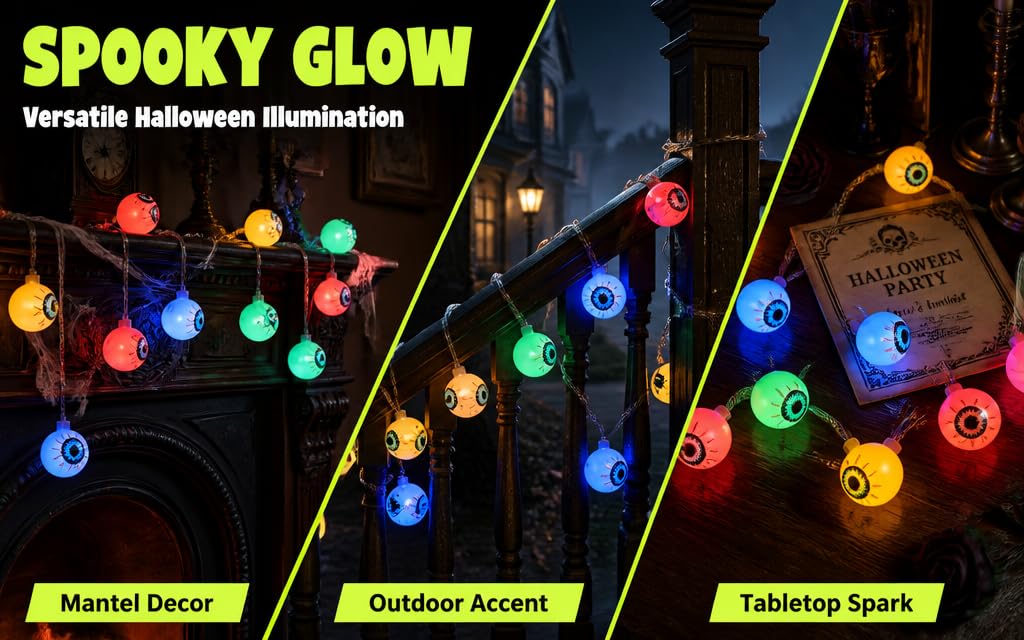 Text reads "SPOOKY GLOW", "Weirdish Halloween Illumination", "Mantel Décor", "Outdoor Accent", "Tabletop Spark". Colorful glowing spherical lights in red, orange, blue, green, and purple hanging outdoors at night.