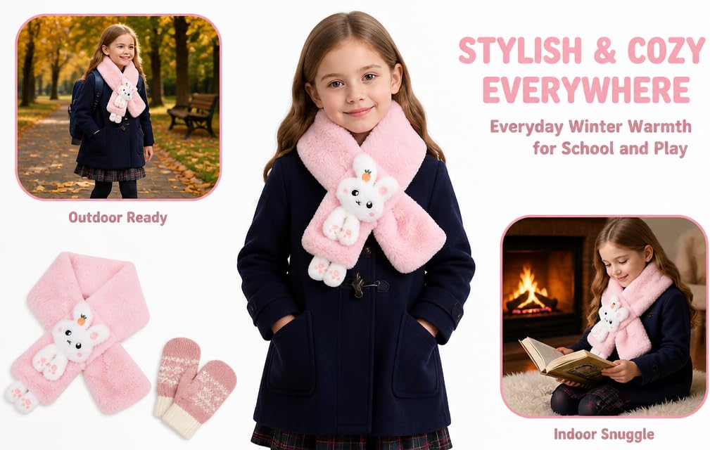 Text reads 'STYLISH &amp; COZY EVERYWHERE' and 'Perfect Outfit Sets for School and Play'. Pink children's clothing set with scarf displayed on model child in navy sweater with product photos.