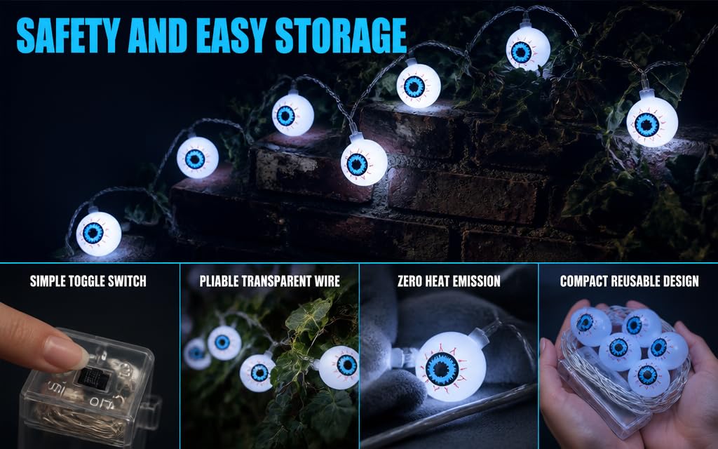 Text reads "SAFETY AND EASY STORAGE" with five labeled features: "SIMPLE TOGGLE SWITCH", "FLEXIBLE TRANSPARENT WIRE", "360-DEGREE ROTATION", "COMPACT DESIGN DESIGN". Bottom shows clear storage container with blue-rimmed lids and containers.