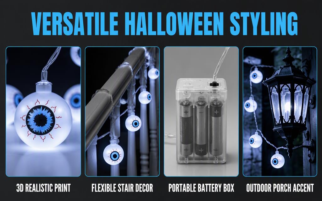 Text reads "VERSATILE HALLOWEEN STYLING" with four panels labeled "3D REALISTIC PRINT", "FLEXIBLE STAIN DECOR", "PORTABLE BATTERY BOX", and "OUTDOOR PORCH ACCENT". Shows blue-lit Halloween decorative elements.