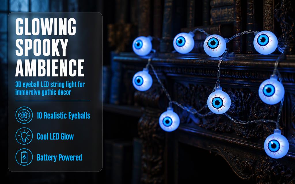 Text reads "GLOWING SPOOKY AMBIENCE", "20 Realistic LED Glowing Eyes", "10 Realistic Eyeballs", "Cool LED Glow", "Battery Powered". String of illuminated blue LED eye decorations with realistic pupils against dark background.