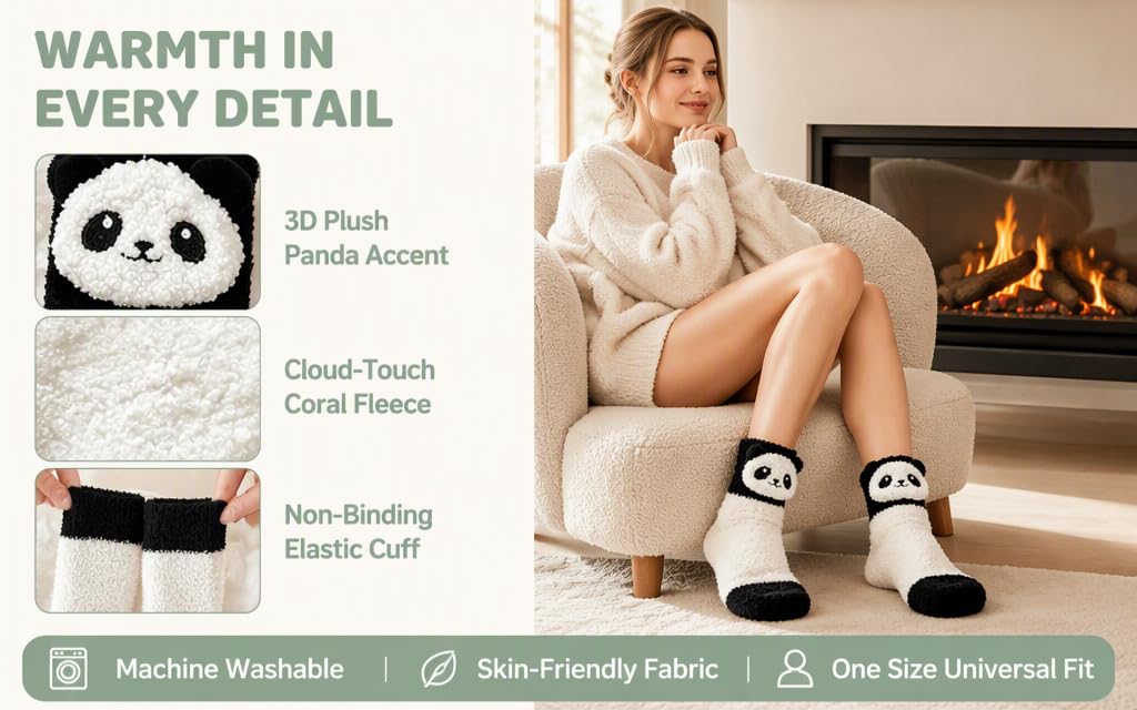 Text reads 'WARMTH IN EVERY DETAIL', '3D Plush Panda Hood', 'Cloud Touch Coral Fleece', 'Non-Binding Elastic Cuff'. Woman wearing white panda-themed slippers with fleece lining. Includes icons: 'Machine Washable', 'Skin-Friendly Fabric', 'One Size Universal Fit'.