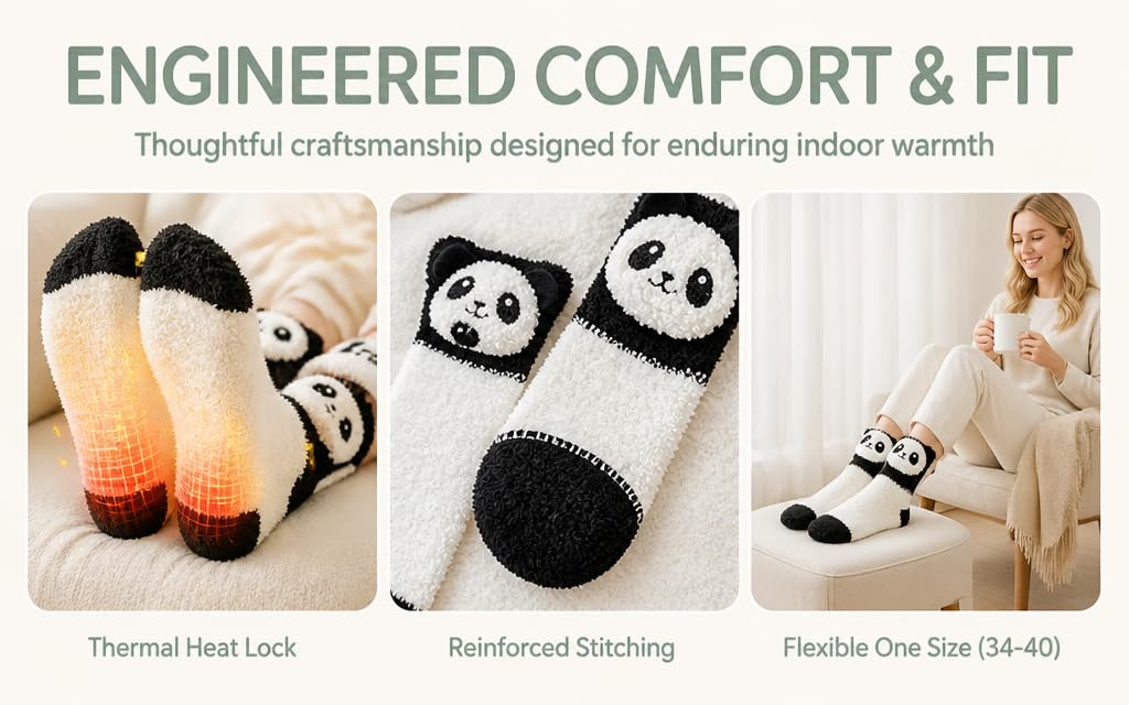 Text reads 'ENGINEERED COMFORT &amp; FIT' and 'Thoughtful craftsmanship designed for ensuring indoor warmth'. Features thermal heated socks with three highlighted benefits: 'Thermal Heat Lock', 'Reinforced Stitching', and 'Flexible One-Size (34-48)' shown with product close-ups.