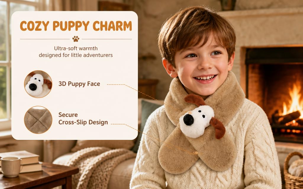 Text reads 'COZY PUPPY CHARM' with features listed: '3D Puppy Face' and 'Anti Cross-Slip Design'. Young child smiling wearing tan/beige dog-patterned blanket or garment with puppy face design in front of fireplace.
