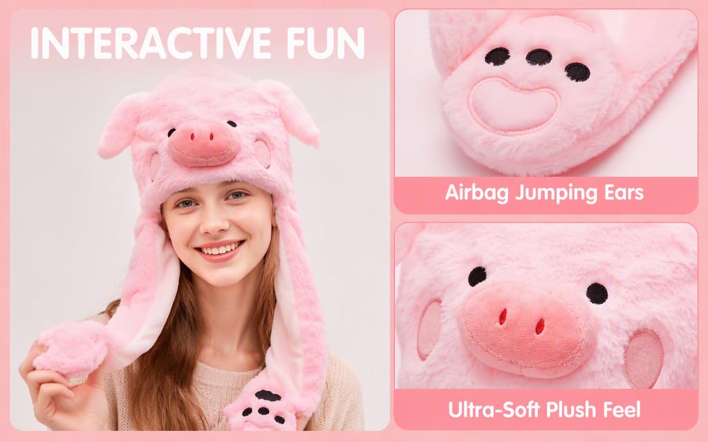 Text reads 'INTERACTIVE FUN', 'Airbag Jumping Ears', 'Ultra-Soft Plush Feel'. Pink plush character hat with interactive features shown on child's head, close-up detail of jumping ears and soft material.