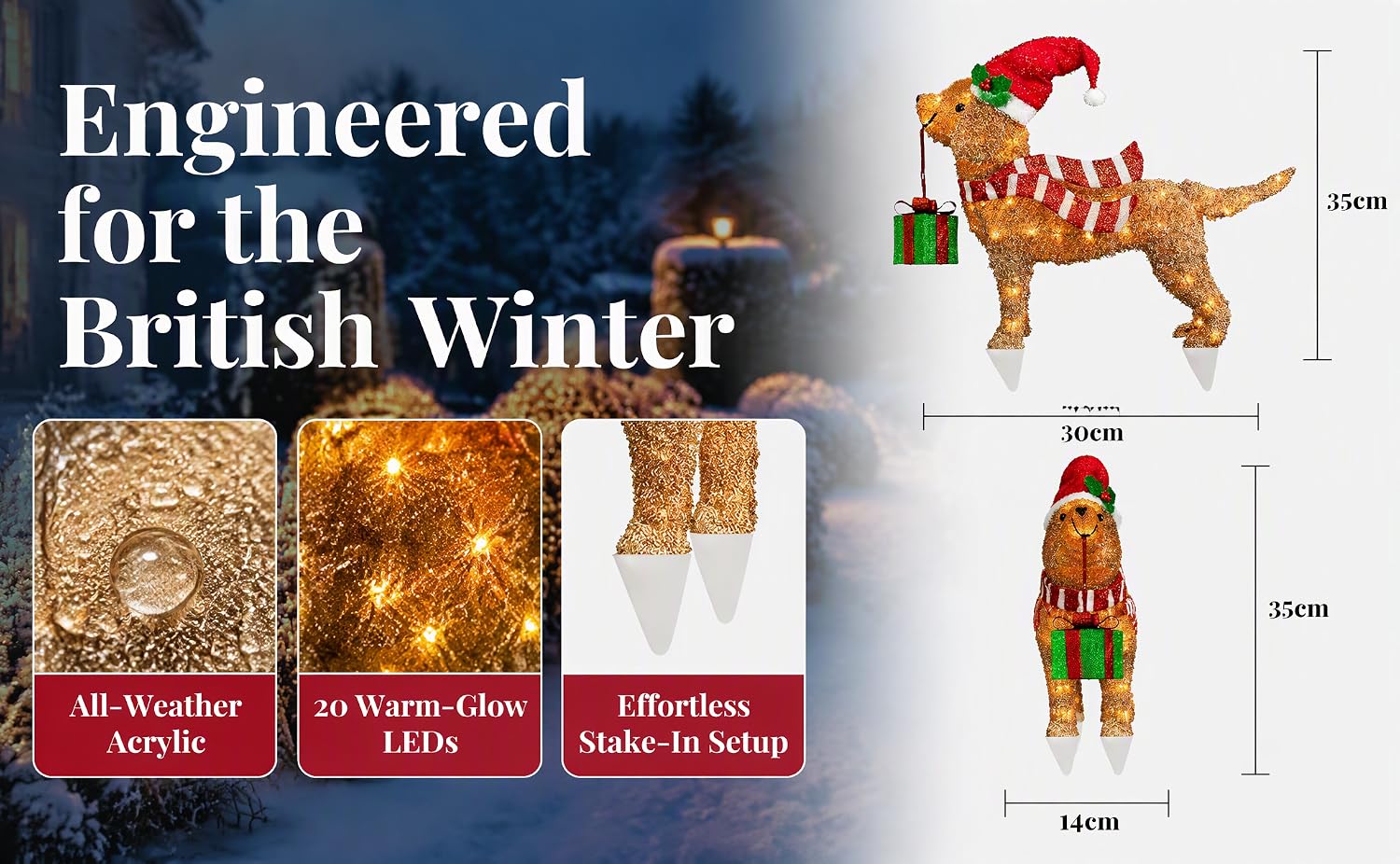 Text reads 'Engineered for the British Winter' with three product boxes labeled 'All-Weather Acrylic', 'in Warm Golds', and 'LitBlocks Make-In Setup'. Colorful toy figure shown with dimensional measurements in centimeters.